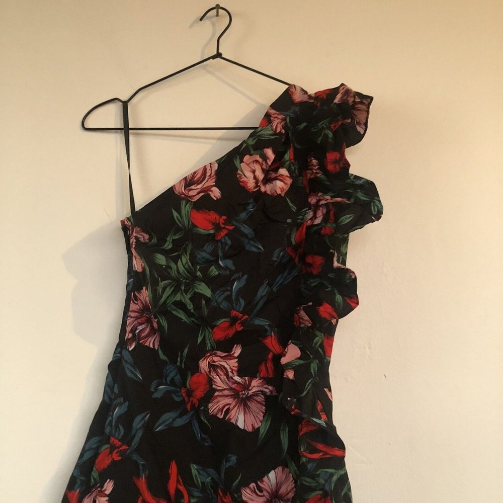 Pam & Gela Bali High Side Ruffle Mini Dress Black Floral - Picture 7 of 9